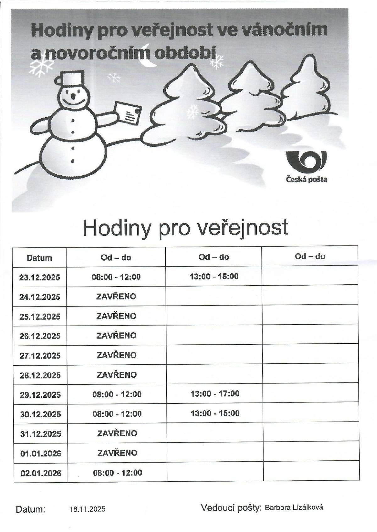 Pošta Partner - otevírací doba ve vánočním a novoročním období