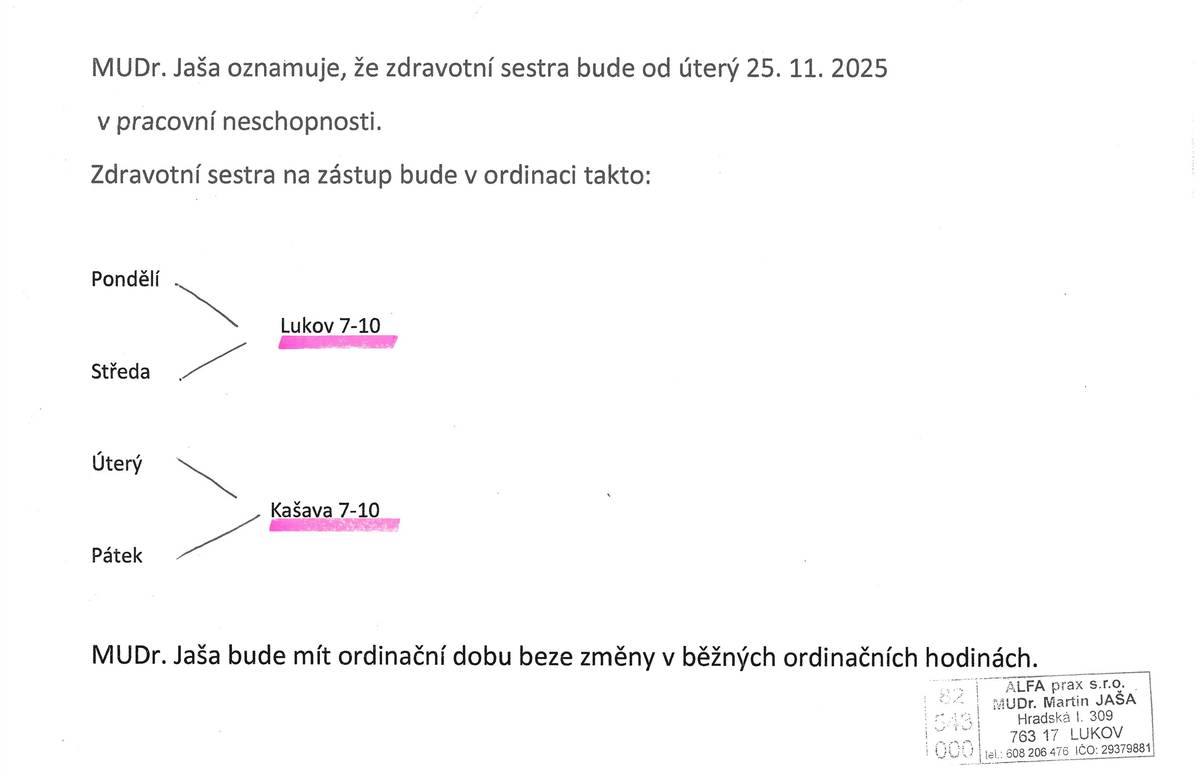 Zástup za zdravotní sestru v pracovní neschopnosti od 25. 11. 2025.
