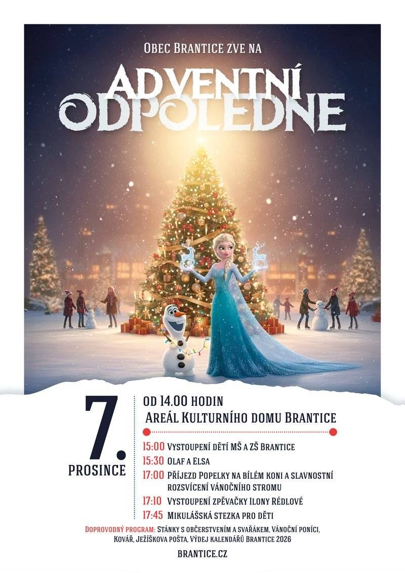 🎄Srdečně vás zveme na Adventní odpoledne 2025!🎼     Užijte si kouzelnou adventní atmosféru v neděli 7. prosince u Kulturního domu v Branticích. Čeká vás pohodové odpoledne plné vánočních melodií, spousty zábavy a příjemné adventní pohody.     Začínáme ve 14:00!   🎅Společně si užijeme předvánoční čas, naladíme se na svátky a dopřejeme si chvíle, které k prosinci prostě patří.     🌟Těšíme se na vás!