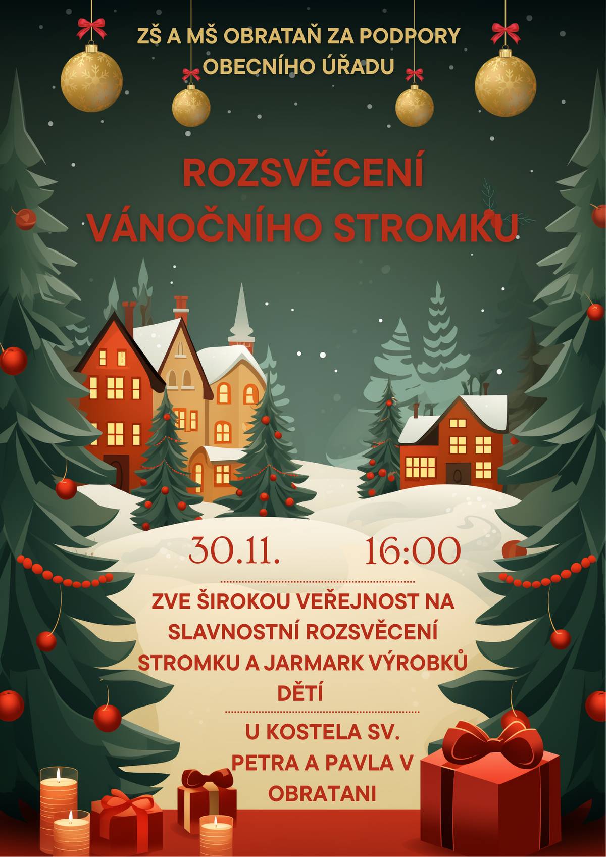 Vážení občané, srdečně vás zveme na rozsvěcení vánočního stromu, které se uskuteční 30.11.2025 od 16:00 hodin u kostela v Obratani. Těšíme se na vás.