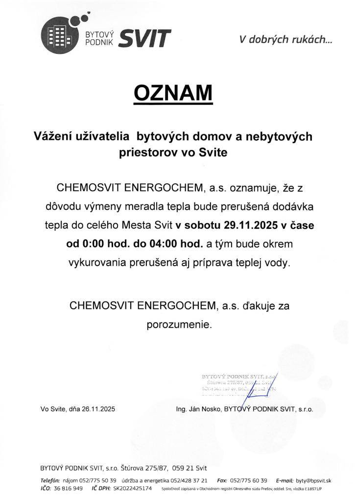 Prerušená dodávka tepla do celého Mesta Svit v sobotu 29.11.2025 v čase od 0:00 hod. do 04:00 hod.