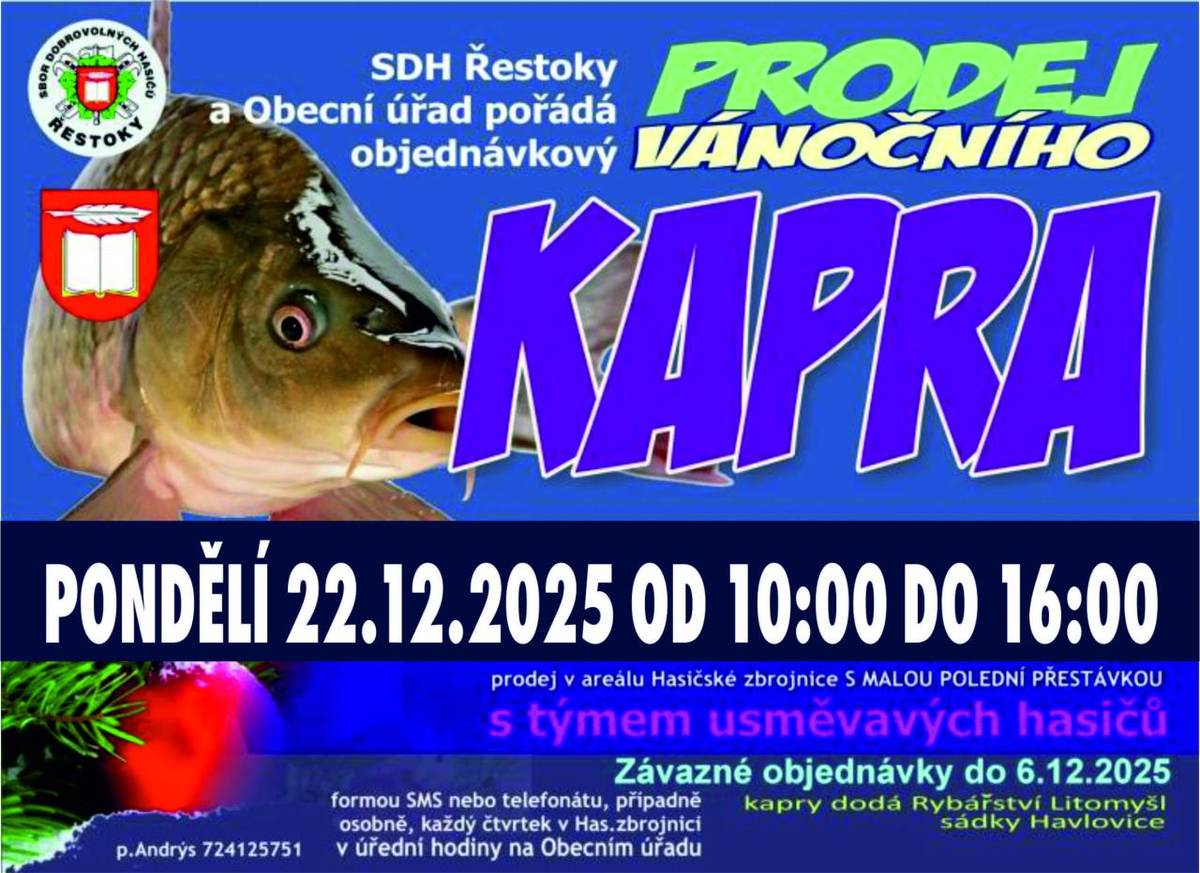 Tradiční prodej kaprů v areálu Hasičské zbrojnice SDH Řestoky - 22.12.2025