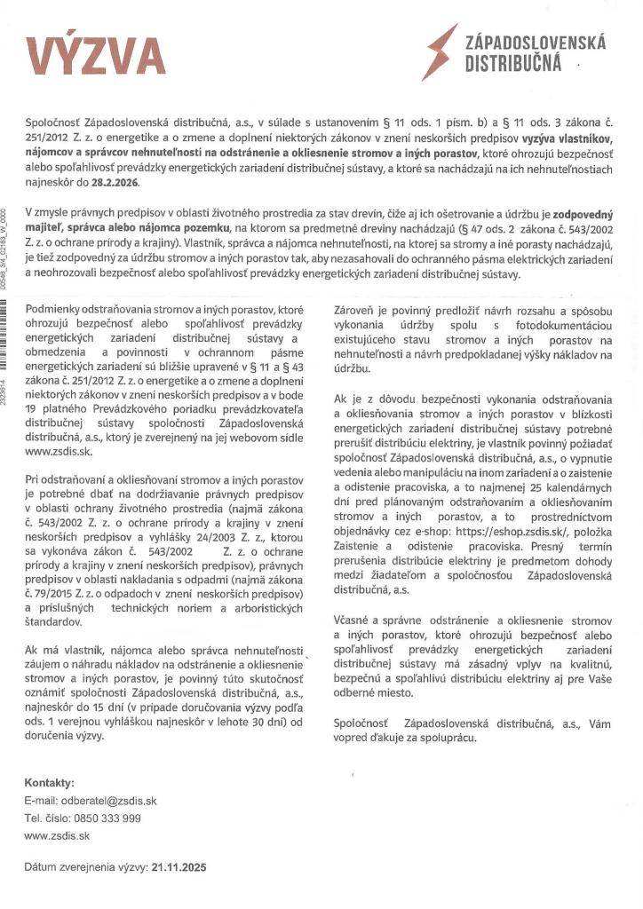 Výzva na odstránenie a okliesnenie stromov a iných porastov