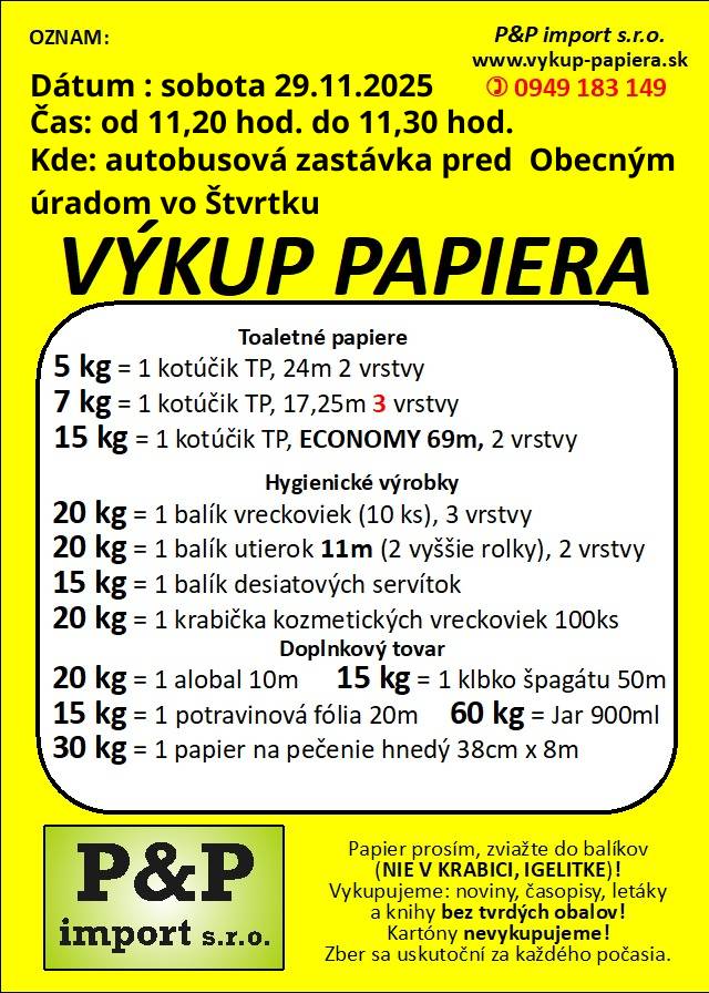 Výkup papiera 29.11.2025 od 11,20 hod. do 11,30 hod.
