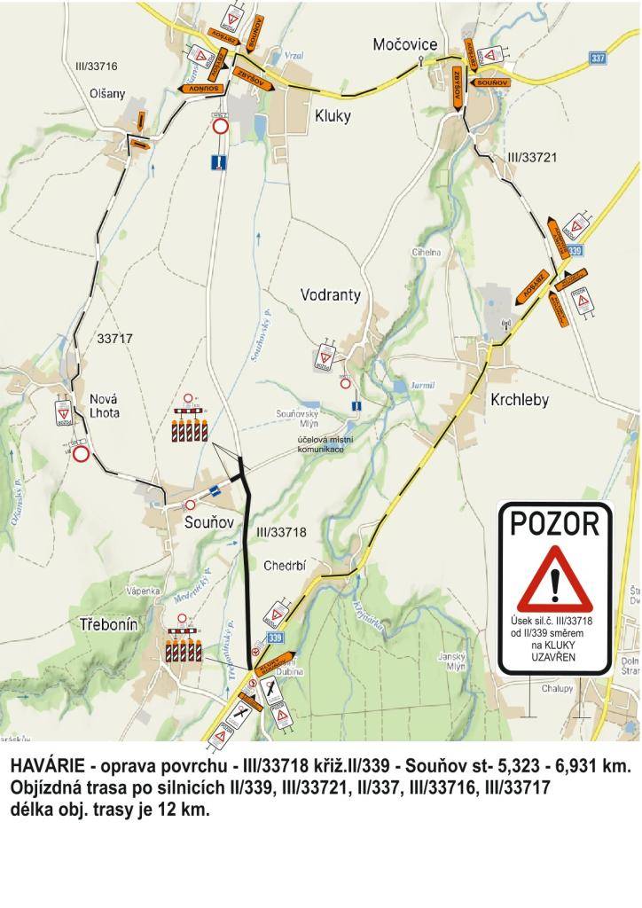 MěÚ Čáslav povolil úplnou uzavírku silnice od křižovatky "u sloupu" přes křižovatku pod Souňovem a část silnice směrem na Kluky v období od 1.12.2025 do 21.12.2025.