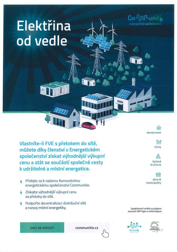 Komunitní energetické společenství Communitie vzniklo díky spolupráci starostů ORP Kyjov a města Kyjova a přináší novou příležitost pro domácnosti, firmy i obce v našem regionu! Máte fotovoltaiku s přetokem do sítě?  Zapojením do energetického společenství můžete získat výhodnější výkupní cenu.