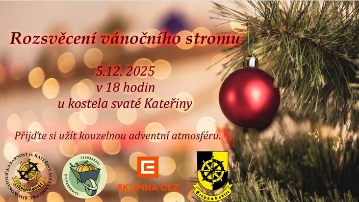 Obec Štěpánkovice srdečně zve všechny občany, rodiny i přátele na slavnostní rozsvěcení vánočního stromu u kostela, které se uskuteční v pátek 5. prosince 2025 v 18:00 hodin.