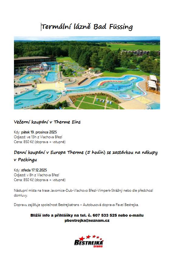 Nabídka dopravy na večerní koupání nebo denní koupání spojené s nákupy v Pockingu v termálních lázních Bad Füssing v Therme Eins.