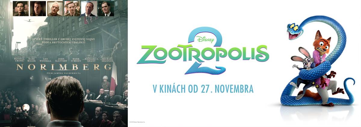 piatok 28. a nedeľa 30. o 19:00 h NORIMBERG (ukážka) Bezprostredne po vojne psychiater americkej armády vyšetruje duševný stav najvyšších nacistických pohlavárov, aby zistil, či sú schopní čeliť spravodlivosti za svoje zločiny. Dlhé rozhovory s jedným z hlavných obžalovaných ho privádzajú k temným otázkam o podstate zla a ľudskej zodpovednosti. Postupne si uvedomuje, že hrôzy dejín nespáchali monštrá z iného sveta, ale ľudia, ktorí boli kedysi celkom obyčajní. USA, dráma, 148 min., české titulky, ⑮, násilie, strach, vstupné: 6 €; študenti a seniori 5 € (kúpiť lístky) nedeľa 30. o 15:00 / 17:00 h ZOOTROPOLIS 2 (ukážka) Dvaja zvierací detektívi čelia kríze dôvery vo svojom partnerstve, keď im ich šéf nariadi účasť v programe na zlepšenie spolupráce. Situácia sa vyhrotí, keď sa v meste objaví jedovatý had a oni sa musia v utajení vydať do neznámych štvrtí metropoly, aby odhalili nebezpečné tajomstvo. Spolu tak prechádzajú náročnou skúškou, ktorá preverí ich odvahu aj priateľstvo. USA, dobrodružná komédia, 107 min., slovenský dabing, ⑦, strach, vstupné: 6 €; deti, študenti a seniori 5 € (kúpiť lístky)
