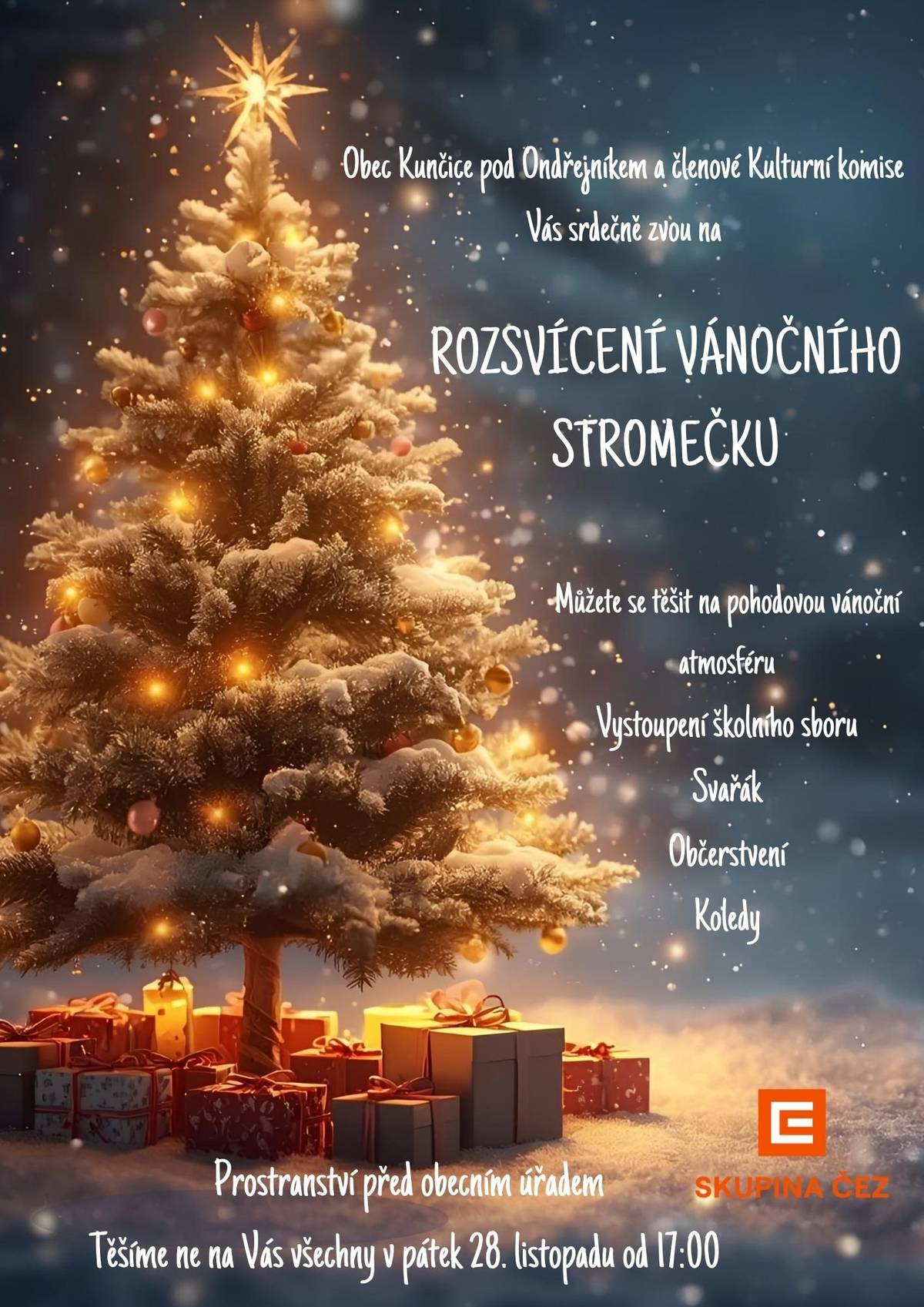 Kouzlo Vánoc začíná právě tady... Přijďte si s námi užít pohodovou adventní atmosféru, zazpívat si koledy a zahřát se svařákem, než začne ten pravý sváteční shon. Srdečně Vás zveme na tradiční sousedské setkání u příležitostí rozsvícení obecního vánočního stromečku.    👍Zazpívá školní sbor  👍Bude svařák a občerstvení  👍Navštíví nás družina svatého Mikuláše  👍Bude otevřeno také Huťařství!   Nezapomeňte před akcí navštívit Adventní odpoledne ve škole a podpořit tak naše děti.  A hlavně – rozsvítíme náš krásný vánoční stromeček, který vykouzlí radost v očích dětí i dospělých    ‼️KDY: Pátek 28. listopadu od 17:00  ‼️KDE: Prostranství před obecním úřadem   Přijďte si připomenout, že Vánoce nejsou o spěchu, ale o lidech, světýlkách, poslechu koled a teple u srdce. Těšíme se na vás – malé, velké, v rukavicích i bez!  ‼️Upozorňujeme: že v tento den bude otevřena také restaurace Huťařství!  Děkujeme za podporu Skupině ČEZ.   Zveřejnila: Kristýna Amálie Hezcková
