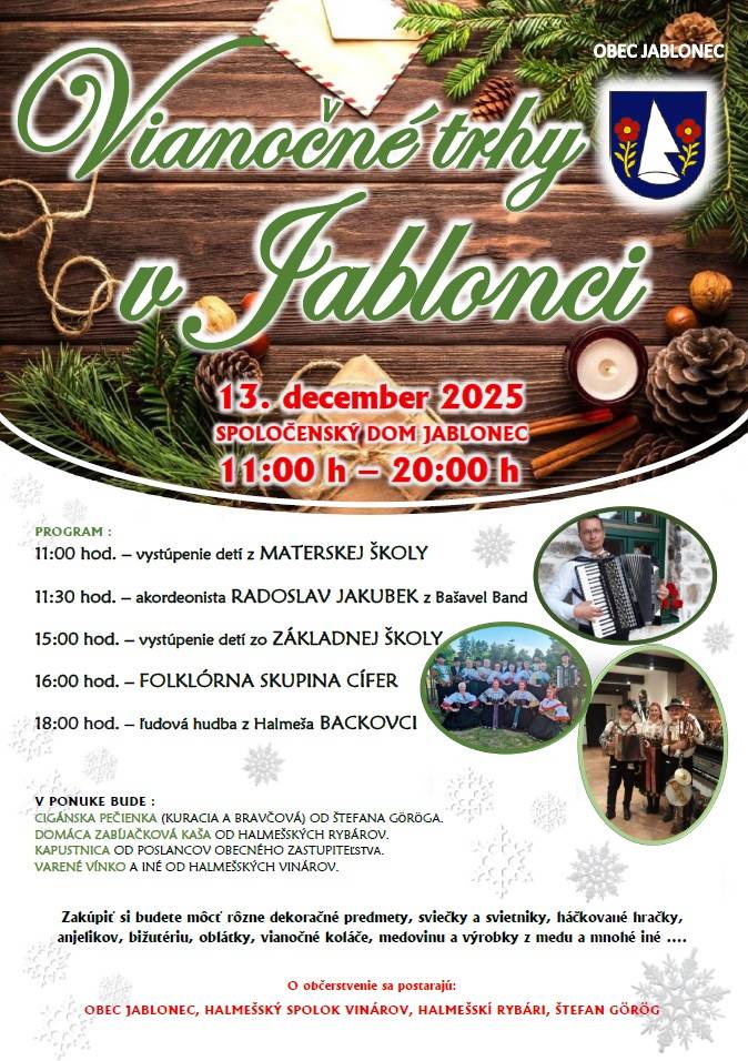 Pozývame všetkých občanov na vianočné trhy, ktoré sa uskutočnia v spoločenskom dome v sobotu 13. decembra 2025 od 11:00 do 20:00 hod. Príďte si vychutnať bohatý program a sviatočnú atmosféru. Tešíme sa na Vás!