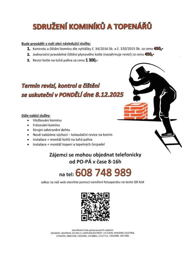 Termín revizí, kontrol a čištění se uskuteční v pondělí 8.12.2025.