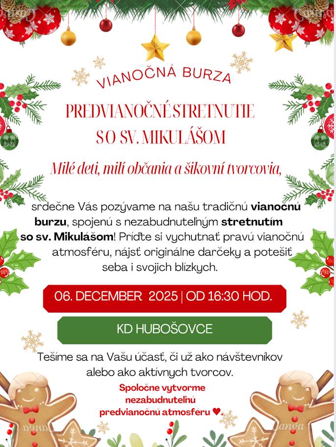 Stretnutie so sv. Mikulášom a vianočná burza v Hubošovciach.