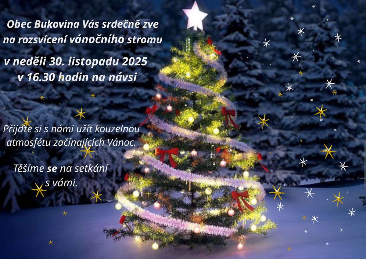 Drůbežárna Prace přijede v pátek 28. listopadu v 10.15 prodávat: mladé hnědé kuřice, slepice po roce snášky, krmivo pro drůbež a králíky a dále pak bude vykupovat králičí kožky – cena 10Kč/ks. Zelenina Juvita bude v pátek 28. listopadu od 8.15 do 8.30 hodin, prodávat brambory na uskladnění z Vysočiny 12Kč/kg, jablka za 22Kč/kg, cibuli za 16Kč/kg, český česnek a další ovoce a zeleninu. Dále nabízí vlašské ořechy, žampiony, hlívu ústřičnou, maďarskou čalamádu, olejové svíčky a med. Žádáme občany, kteří doposud neprovedli platbu za odběr vody, aby úhradu uskutečnili do konce měsíce listopadu 2025. Předem děkujeme. Obec Bukovina zve všechny občany na tradiční ROZSVÍCENÍ VÁNOČNÍHO STROMU, které se uskuteční na návsi v neděli 30. listopadu v 16.30 hodin. Přijďte s námi společně přivítat nejkrásnější období roku.