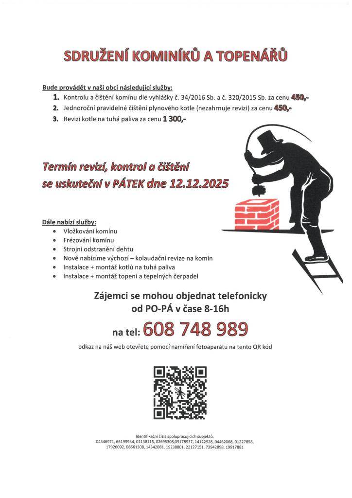 Sdružení kominíků a topenářů bude provádět kontrolu a čištění komínů - 12.12.2025