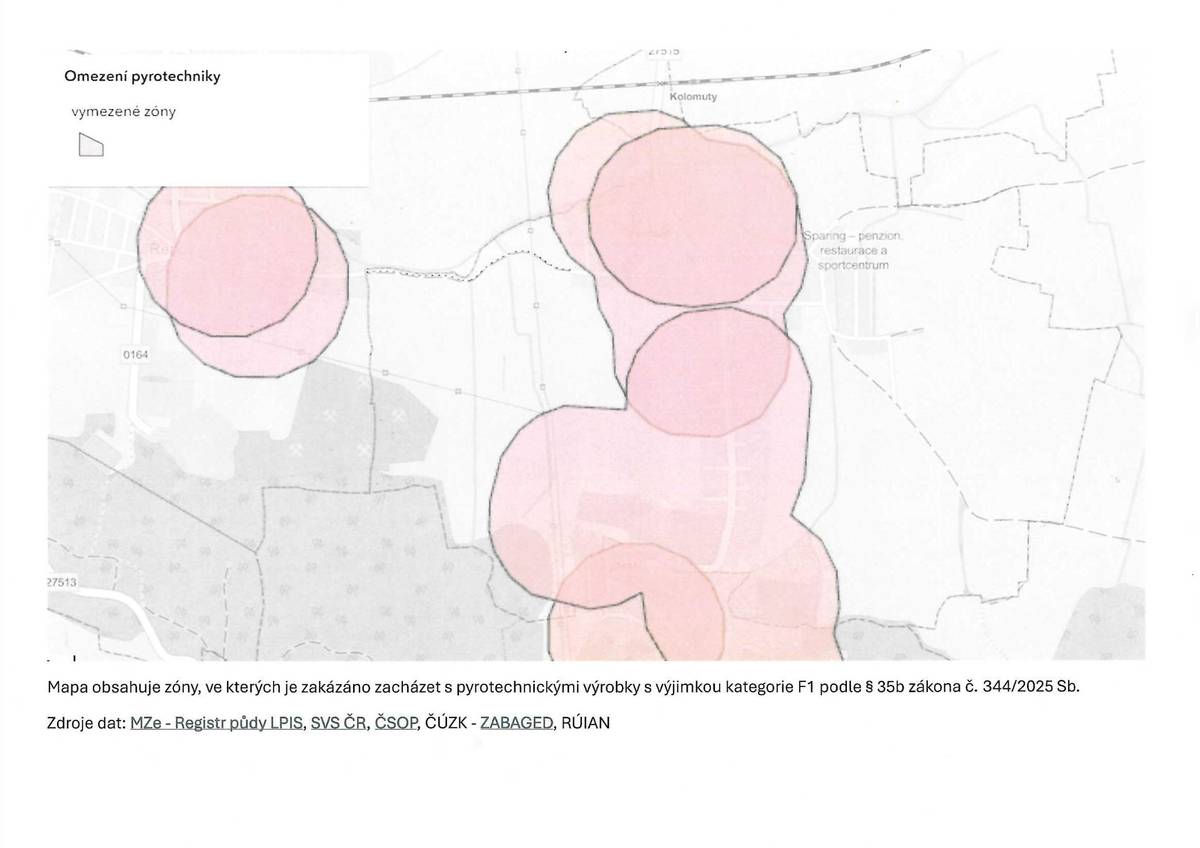 Vážení obyvatelé, dle nového znění zákona č. 206/2015. Sb, konkrétně z §35b (začne platit 1.12.2025) vyplívá , že nelze používat pyrotechniku F2-F4 v okruhu 250 m určitých míst a staveb - např. zdravotnická zařízení, útulky, objektů s chovnými zvířaty. Více informací a mapu těchto zón pro obec Kolomuty naleznete v přílohách. OÚ Kolomuty