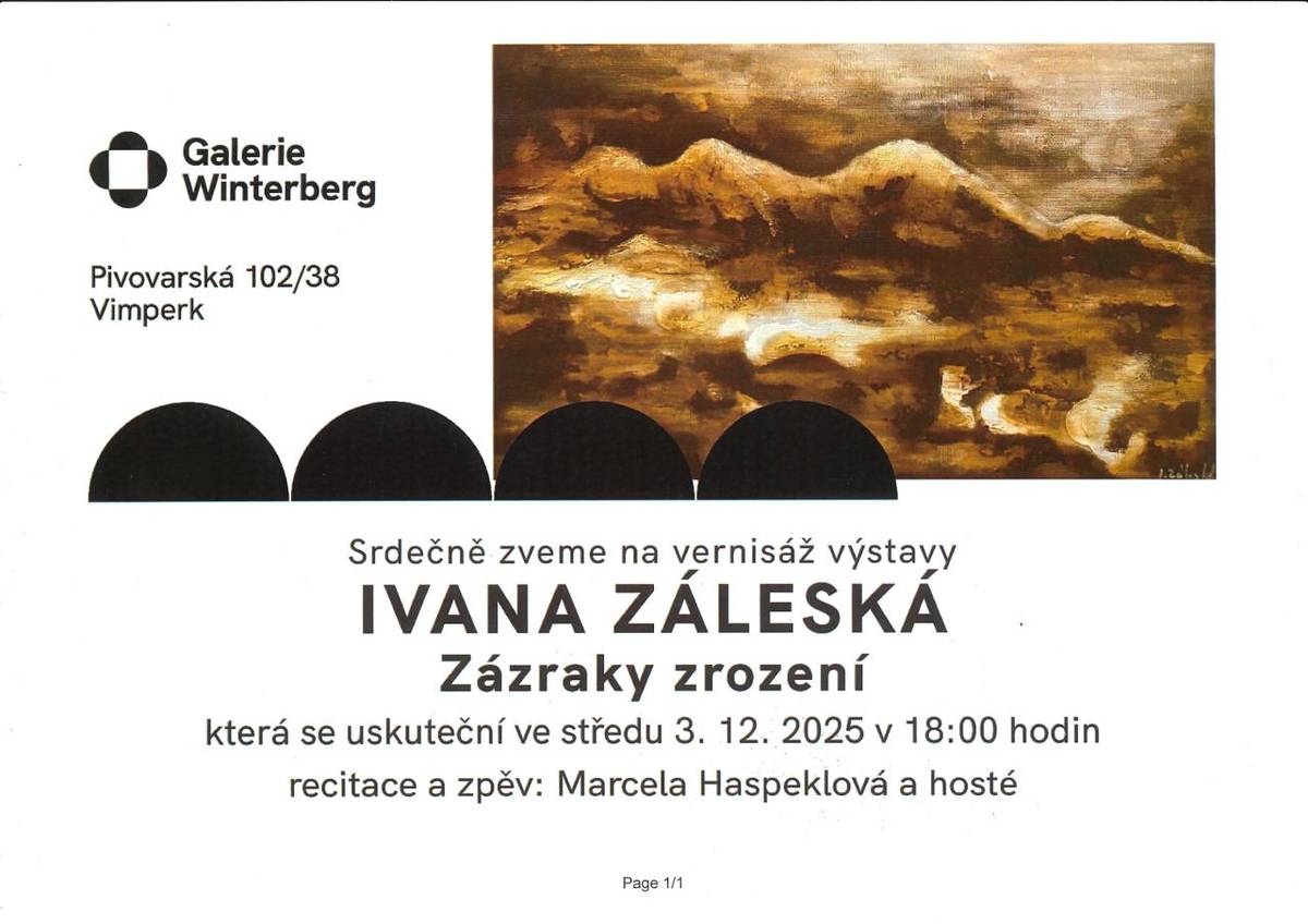 IVANA ZÁLESKÁ  Zázraky zrození  3.12.2025 v 18:00 hodin  Galerie Winterberg, Vimperk