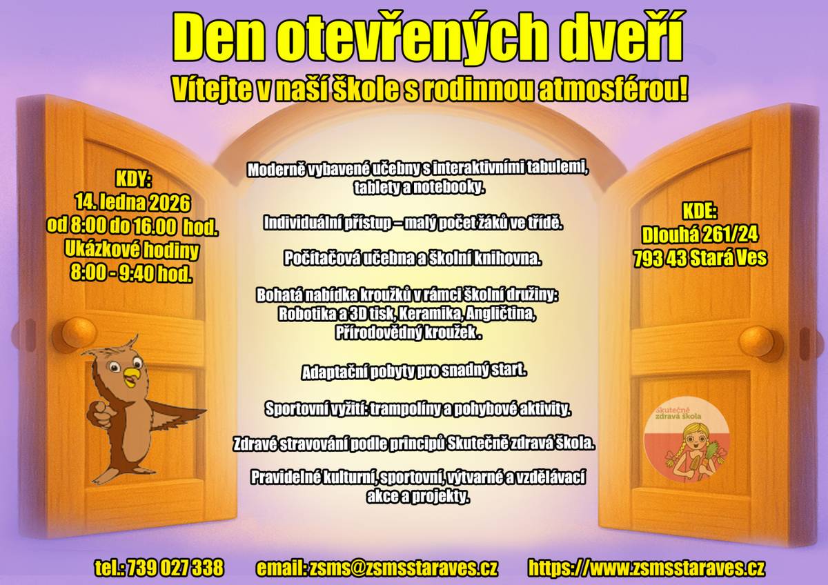 Přijďte na Den otevřených dveří do naší školy dne 14.1.2026 od 8:00 do 16:00 hod. Můžete se podívat i na ukázkové hodiny od 8:00 - 9:40 hod. Poznejte naši školu, její prostředí a vybavení. Těšíme se na vás!
