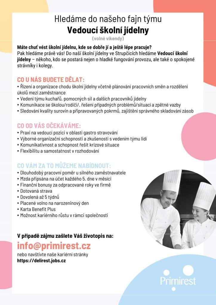 Od 1.1.2026 se ve školní jídelně uvolní pracovní pozice ,,vedoucí školní jídelny,,.