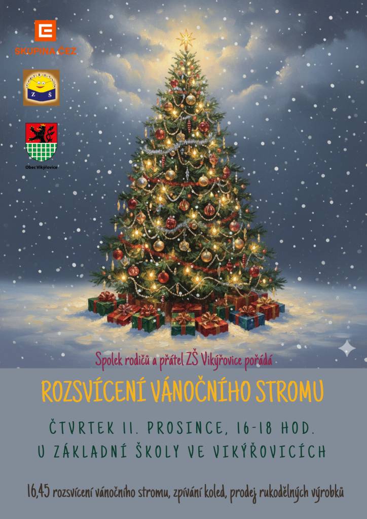 Spolek rodičů a přátel ZŠ Vikýřovice pořádá ve čtvrtek 11. prosince od 16:00 tradiční vánoční jarmark u základní školy.           V 16:45 bude rozsvícen vánoční strom a spolu s dětmi si zazpíváme vánoční koledy.  Tuto akci finančně podpořila Skupina ČEZ.