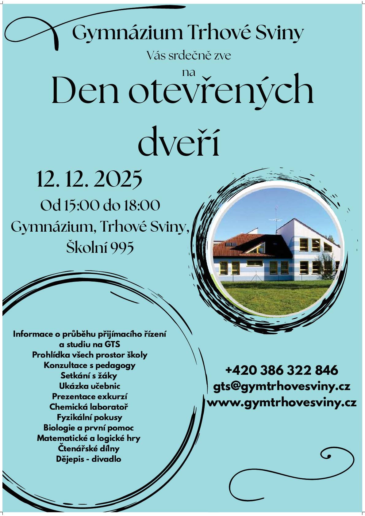 Gymnázium Trhové Sviny, Školní ulice 995, Vás srdečně zve na Den otevřených dveří, který se uskuteční dne 12.12.2025 od 15:00 do 18:00 hod..