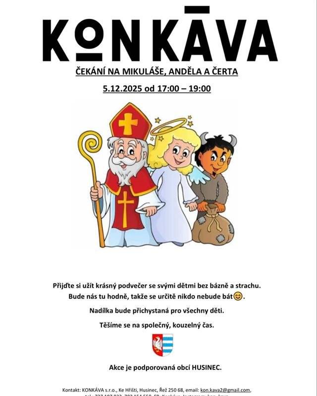 Zveme vás na akci "čekání na Mikuláše, anděla a čerta" v kavárně KONKÁVA, které proběhne dne 5.12.2025 od 17:00 do 19:00h tým OÚ