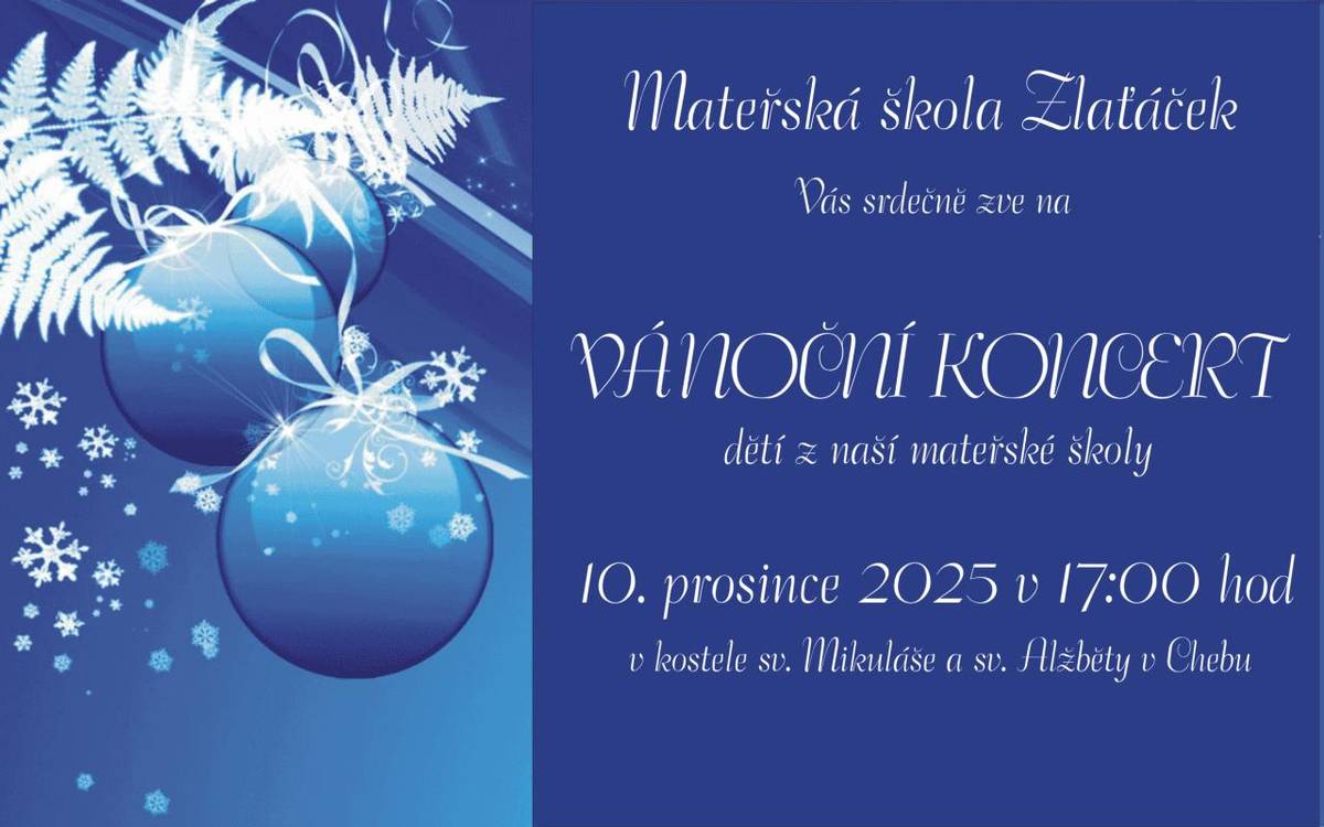 Zastavte se v předvánočním shonu a přijďte si do kostela sv. Mikuláše v Chebu ve středu 10. prosince 2025 v 17:00 poslechnout pásmo písní a koled v podání dětí z naší mateřské školy.