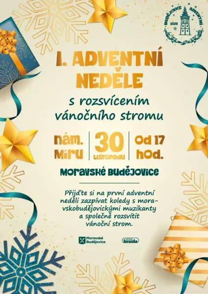 Zveme všechny občany na I.ADVENTNÍ NEDĚLI, která se uskuteční v neděli 30. listopadu od 17.00 hodin na náměstí Míru. Součástí programu bude společné zpívání koled s moravskobudějovickými muzikanty a následné rozsvícení vánočního stromu, které tradičně zahájí adventní čas ve městě. Přijďte si užít sváteční atmosféru, zaposlouchat se do vánočních melodií a společně přivítat nadcházející advent.
