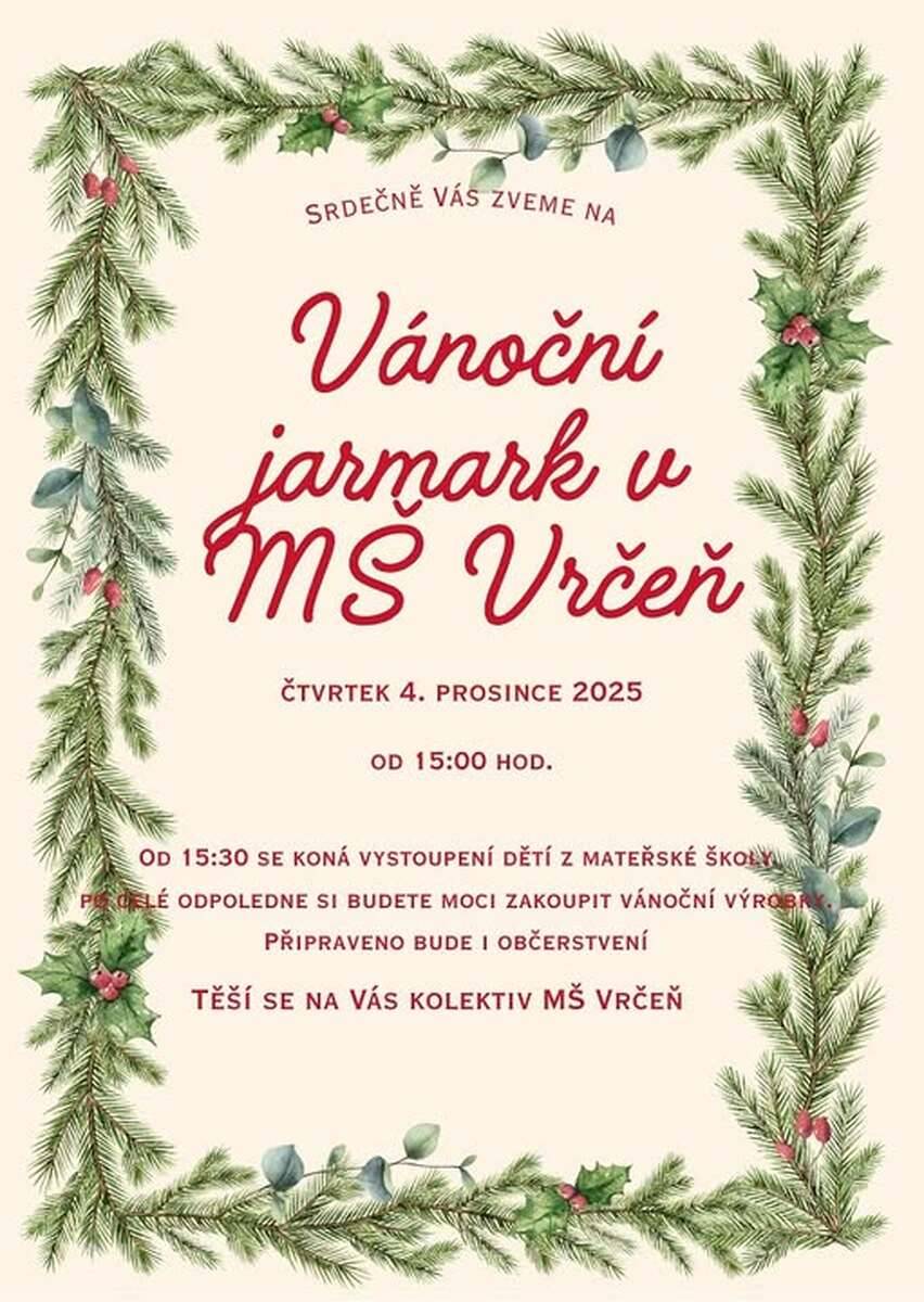 Ve čtvrtek 4.12. 2025 se koná Vánoční jarmark v MŠ Vrčeň, akce začíná v 15h.