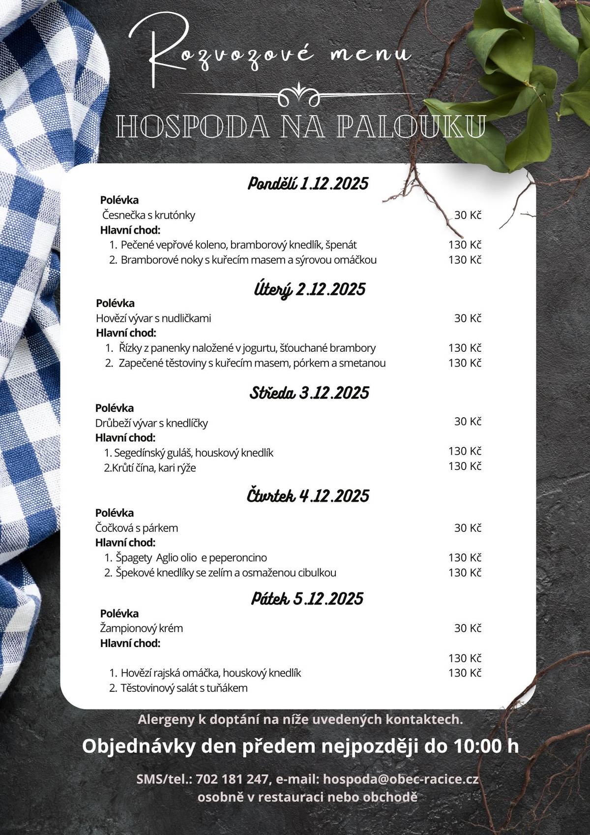 Rozvozové menu na první prosincový týden: