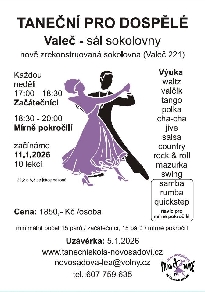 Začínáme v neděli 11.1.2026, uzávěrka přihlášení je 5.1.2026.  Dva kurzy - pro začátečníky a mírně pokročilé.