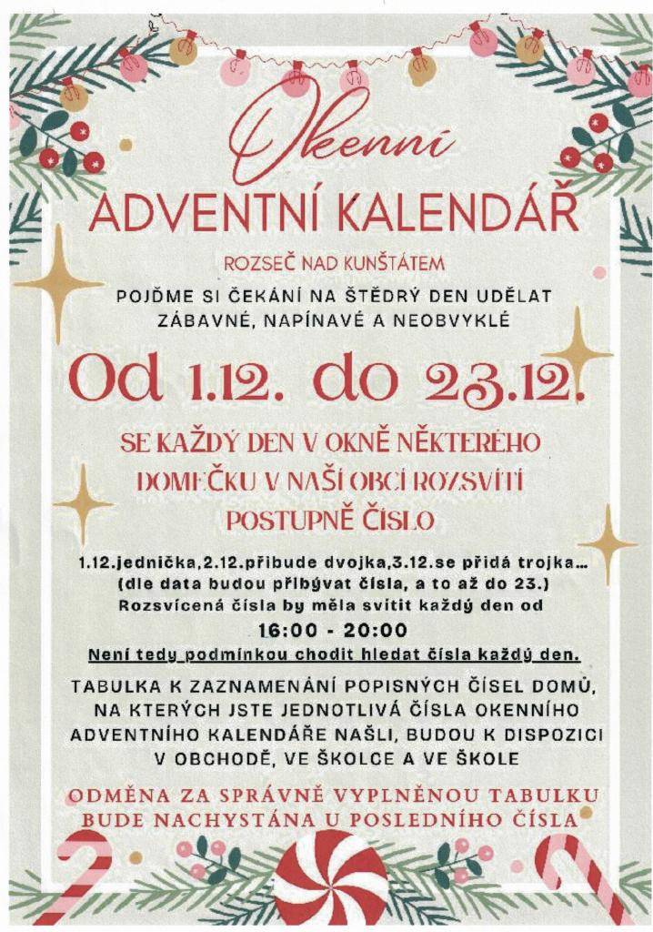 Od 1.12. do 23.12. bude nejen pro děti opět připraven Okenní Adventní kalendář.