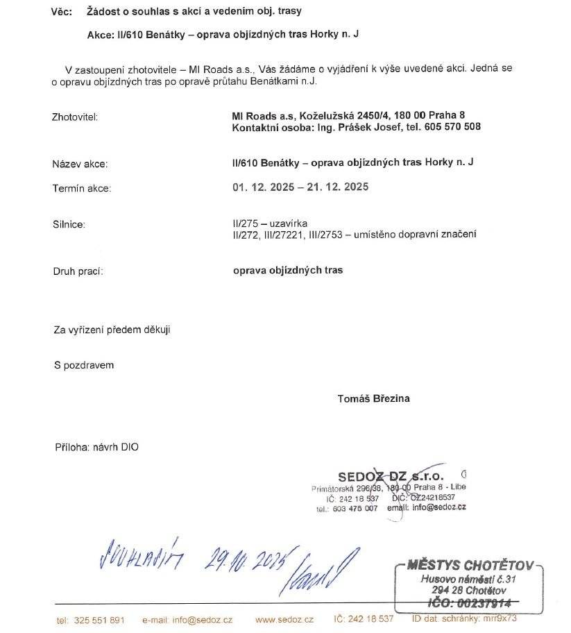 🔊Informace občanům: 🚧 Od 1.12.2025 do 21.12.2025 bude uzavřena silnice ve směru Chotětov - Horky nad Jizerou, a to z důvodu opravy vozovky🙏⛔.