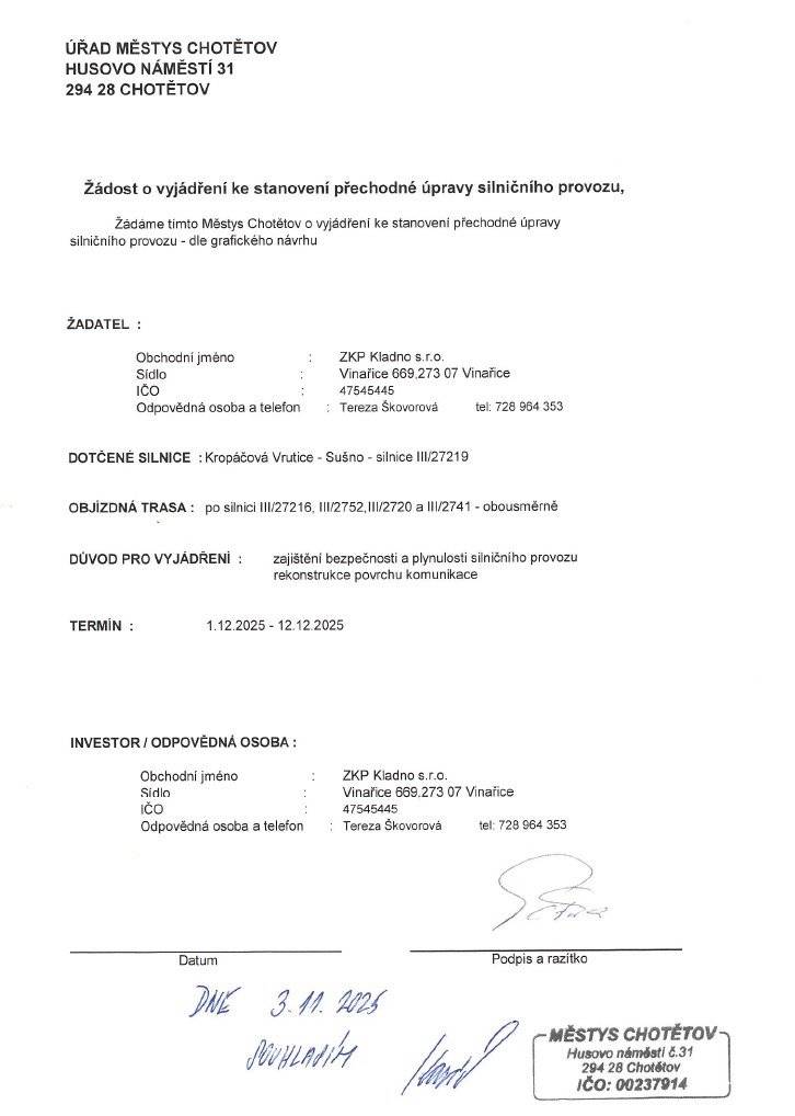 🔊Informace občanům: 🚧 Od 1.12.2025 do 12.12.2025 bude uzavřena silnice ve směru Sušno - Kropáčova Vrutice, a to z důvodu opravy vozovky🙏⛔.