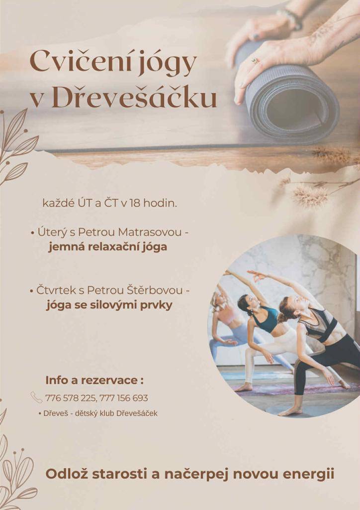 V DS Dřevešáček se každé úterý a čtvrtek v 18 hodin koná cvičení jógy. Úterní lekce s Petrou Matrasovou se zaměřuje na jemnou relaxační jógu, zatímco čtvrteční lekce s Petrou Štěrbovou zahrnuje silové prvky. Přijďte si odpočinout a načerpat novou energii.
