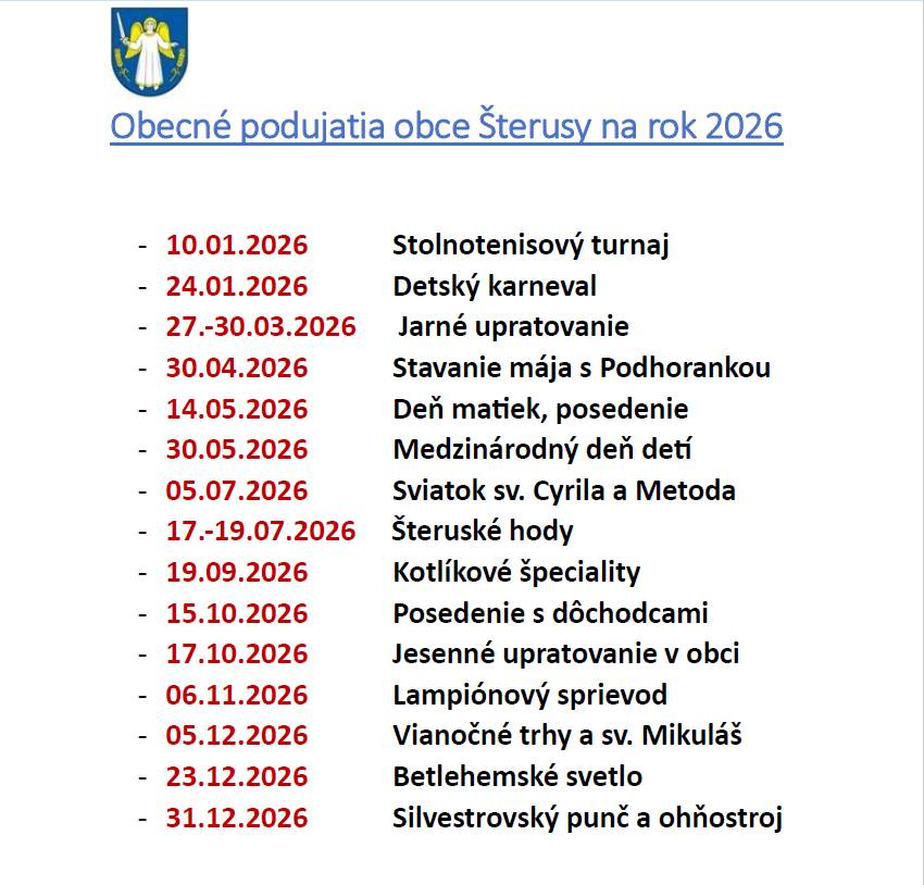 Obecné podujatia obce Šterusy na rok 2026