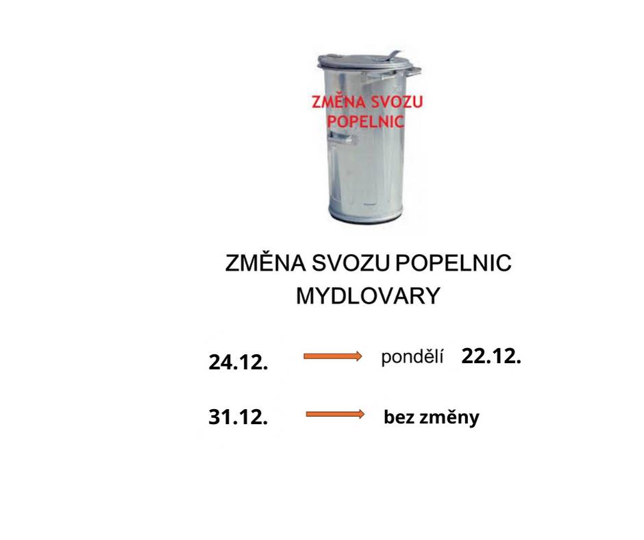 PMH Hluboká nad Vltavou oznamuje změnu svozu popelnic, místo středy 24. 12. bude svoz v pondělí 22. 12. 2025. Ve středu 31.12. je svoz beze změny.