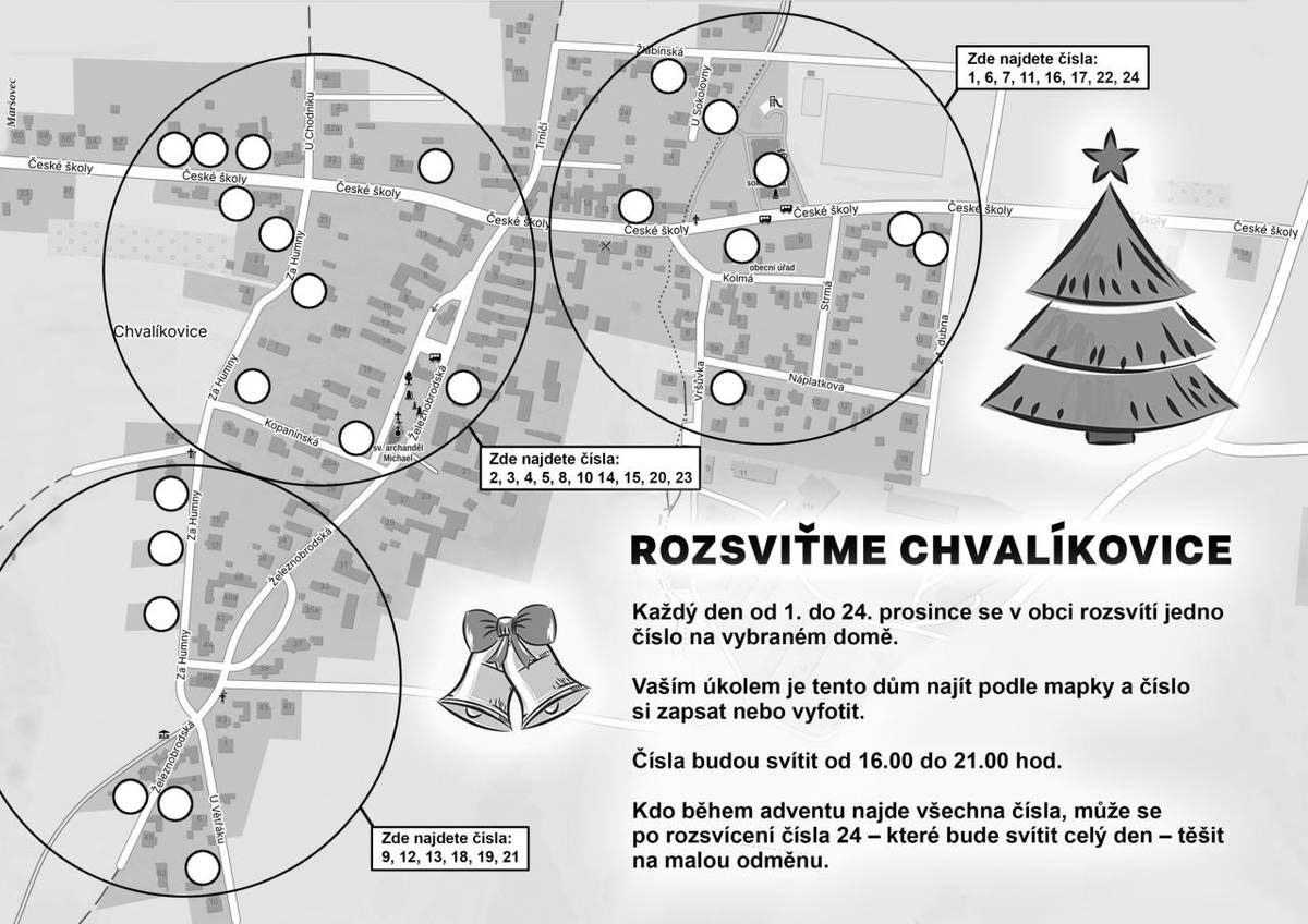 Všechna adventní čísla už našla své majitele.   Zapojte se i vy do hry jako hledači světýlek – vezměte děti, mapku a vyrazte objevit, který dům dnes svítí!   Mapku si můžete vyzvednout na obecním úřadě, v mateřské škole nebo na webu obce.