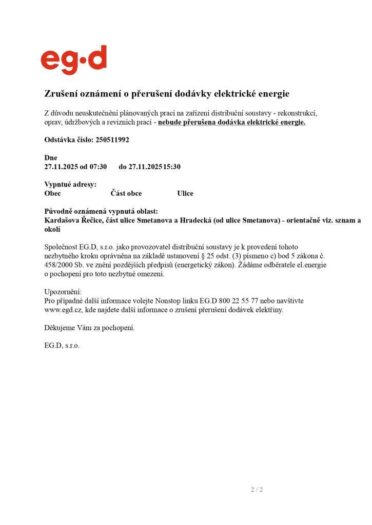 Zrušení oznámení o přerušení dodávky elektrické energie - ulice Smetanova, Veselého