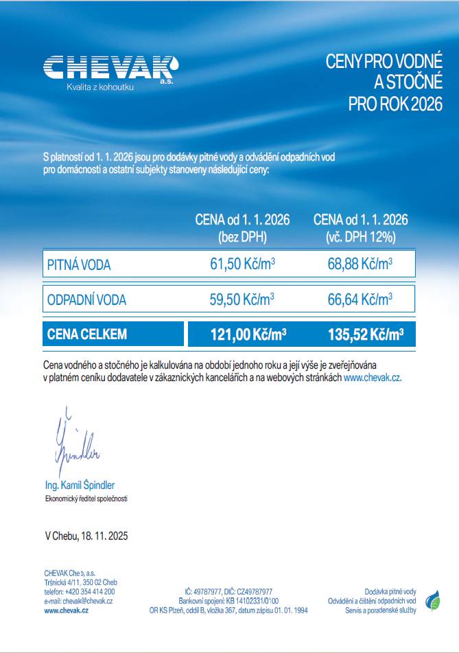 Milí občané, informujeme o cenách vodného a stočného na rok 2026.
