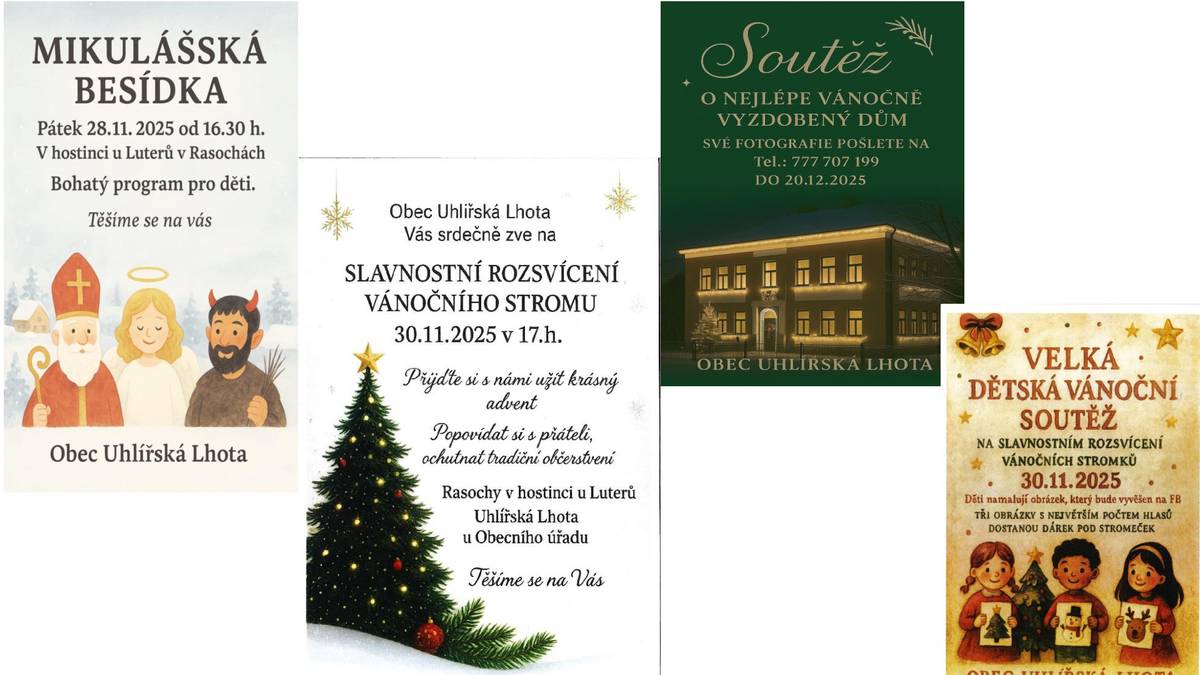 Zveme srdečně v pátek 28.11. od 16.30 hodin Mikulášská Rasochy a v neděli 30.11. od 17.00 hodin Rozsvěcení vánočních stromků ve Lhotě i v Rasochách. Zároveň se těšíme na Vaši vánoční výzdobu a obrázky dětí.