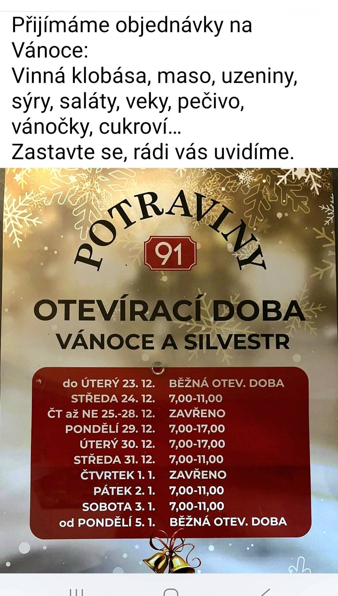 Otevírací doba přes svátky a možnost objednávek na Vánoce