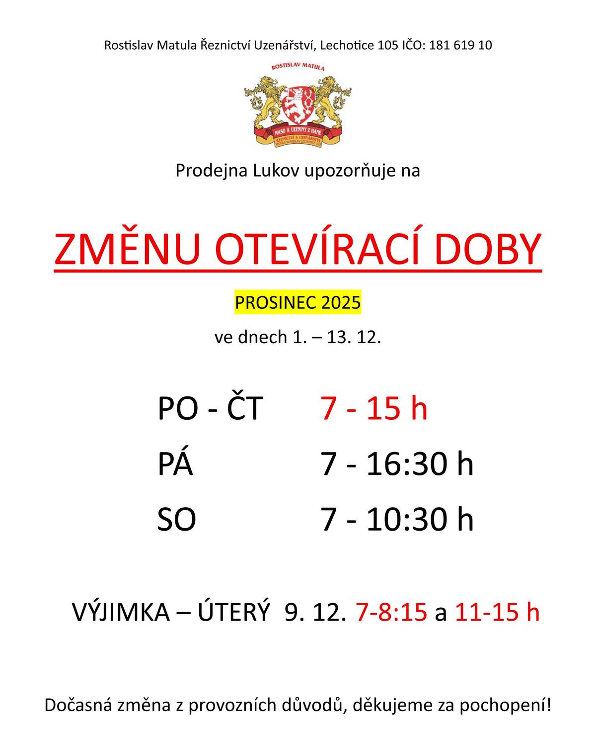 Změna otevírací doby od 1. 12. do 13. 12.