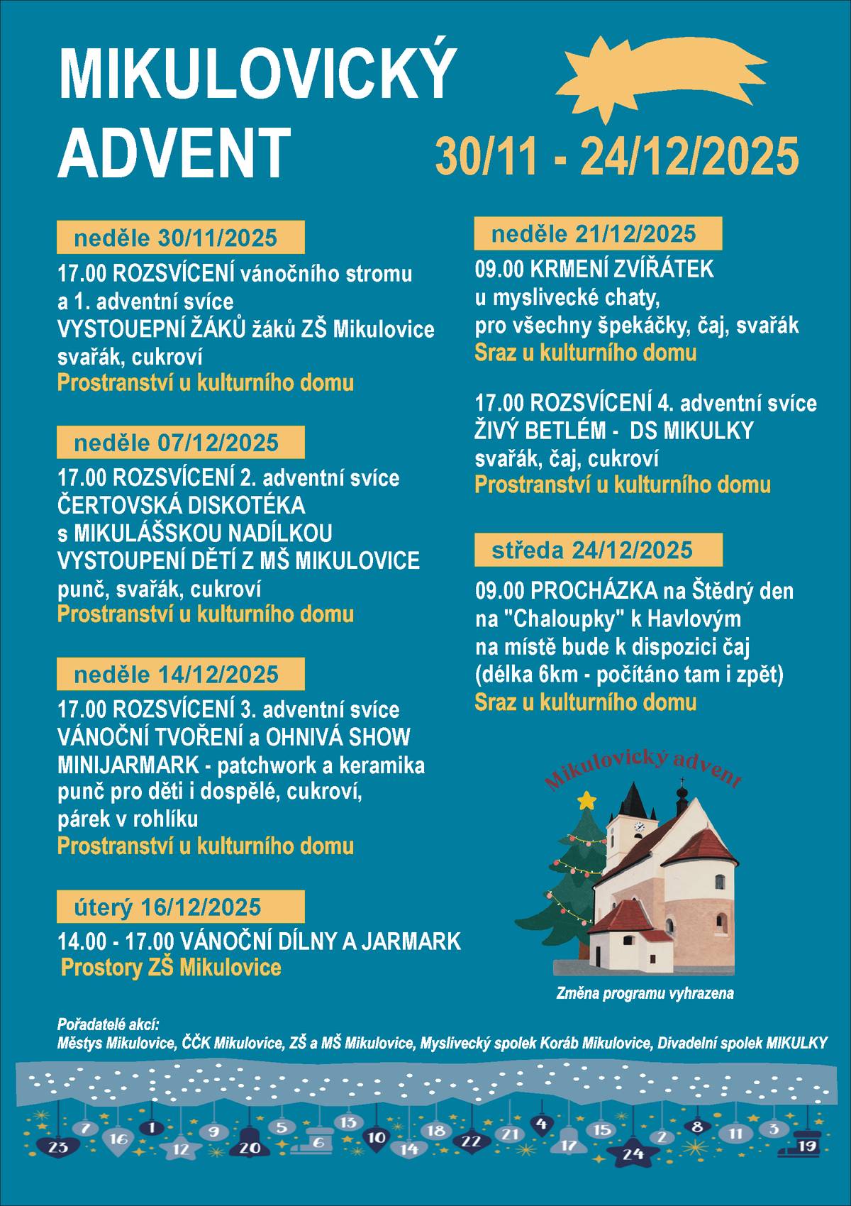 Mikulovický advent 2025     Český červený kříž ve spolupráci s městysem Mikulovice vás srdečně zve na slavnostní rozsvěcení vánočního stromu, a to v neděli 30. listopadu v 17 hodin u kulturního domu. Můžete se těšit na vystoupení 👨👩žáků základní školy.  ❗Letos budete mít možnost při rozsvěcování adventních svící  podpořit dobrou věc zakoupením bezedného kelímku 🥤v hodnotě 2️⃣0️⃣Kč, do kterého dostanete opakovaně svařák, punč či čaj, podle toho, co bude zrovna na výběr. Kelímky se budou prodávat každou adventní neděli a je na nich logo našeho kostela.  Výtěžek 💰 z prodeje těchto kelímků půjde na Domov pro matky a otce v tísni ve Znojmě Hradišti. Děkujeme vám za podporu.❗