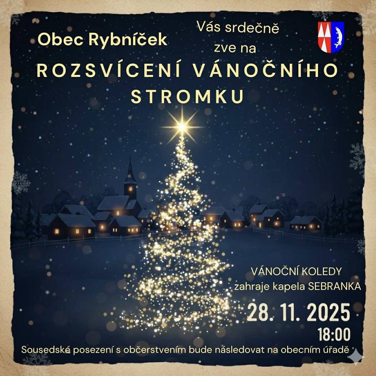 Dnes, v pátek 28. listopadu 2025, se koná slavnostní rozsvícení vánočního stromku. KDE: U stromečku (u autobusové zastávky) PROGRAM: Těšit se můžete na slavnostní rozsvícení a vánoční koledy v podání kapely SEBRANKA. Následuje: Po skončení programu jste srdečně zváni na sousedské posezení s občerstvením na Obecním úřadě (OÚ). Přijďte se s námi naladit na vánoční atmosféru!