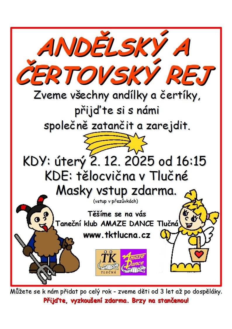 Taneční klub Tlučná zve všechny andílky a čertíky - přijďte si zarejdit. Více na www.tktlucna.cz