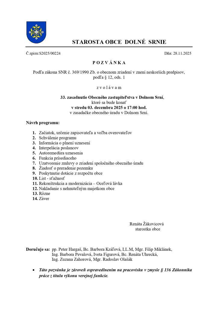 Pozvánka na 33. OZ dňa 03. decembra 2025 o 17:00 hod.