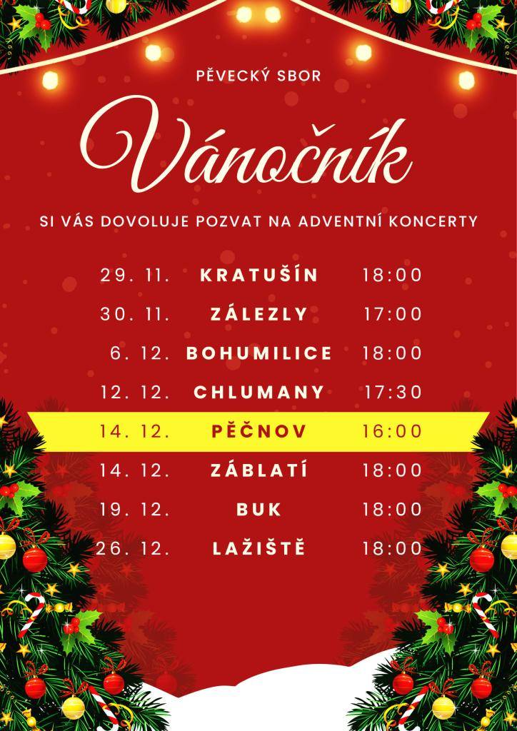 Srdečně Vás zveme k našemu vánočnímu stromu u kapličky, kde si můžete poslechnout vánoční koledy s kapelou Vánočník. K občerstvení bude opět vánoční punč a pro děti horký čaj.