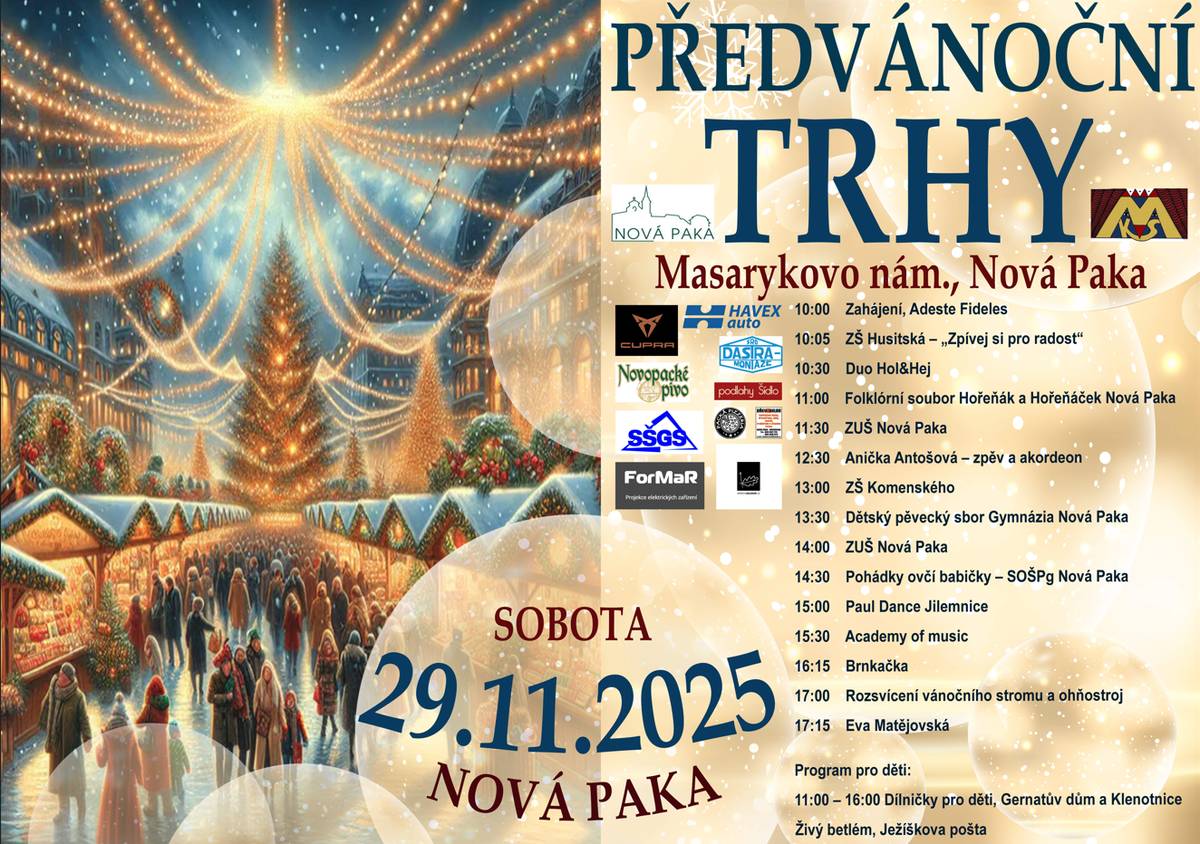 První adventní sobotu se tradičně sejdeme v 10:00 h na Masarykově náměstí, kde bude pro návštěvníky připraven kulturní program, stánky s řemeslnými výrobky, bohaté občerstvení. Děti se potěší u živého betlému, kde bude také přichystána pošta pro Ježíška. V 17:00 h pak společně rozsvítíme vánoční strom a zahájíme advent slavnostním ohňostrojem.