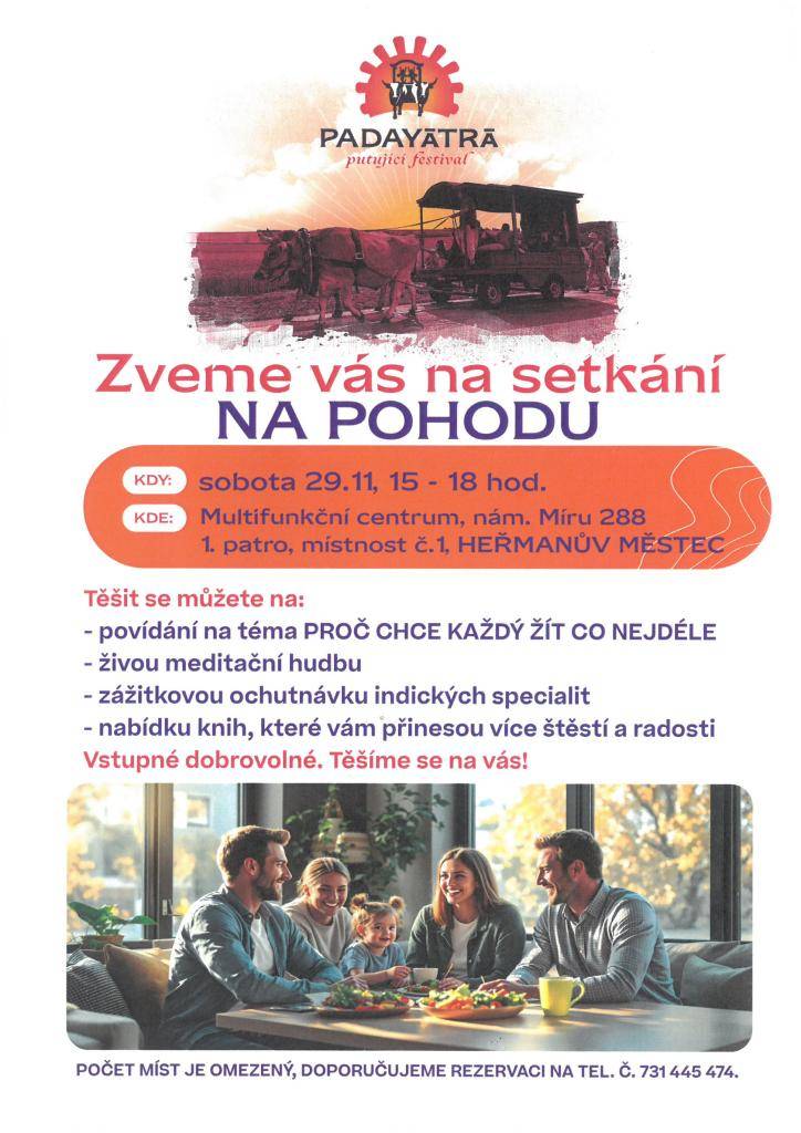V sobotu 29.11.2025 od 15-18 hodin 1.patro, místnost č.1 Multifunkční centrum na náměstí Míru 288. Srdečně Vás zve putující festival PADAYÁTRÁ.